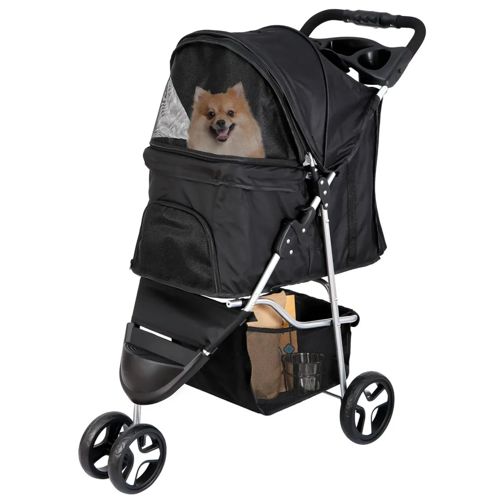 

Foldable Pet Stroller for Cats and Dogs 3 Wheels Carrier Strolling Cart with Weather Cover, Storage Basket + Cup Holder