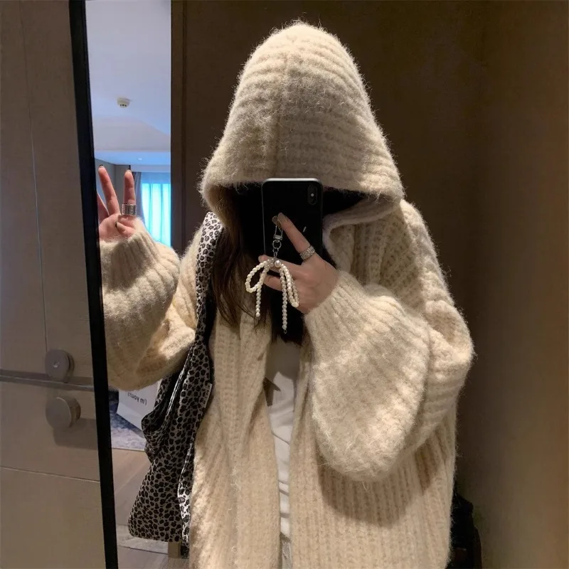 

A Laid-back and Soft Hooded Sweater Jacket Women's Autumn and Winter Loose Mid-length Korean-style Knitted Sweater Top Outerwear