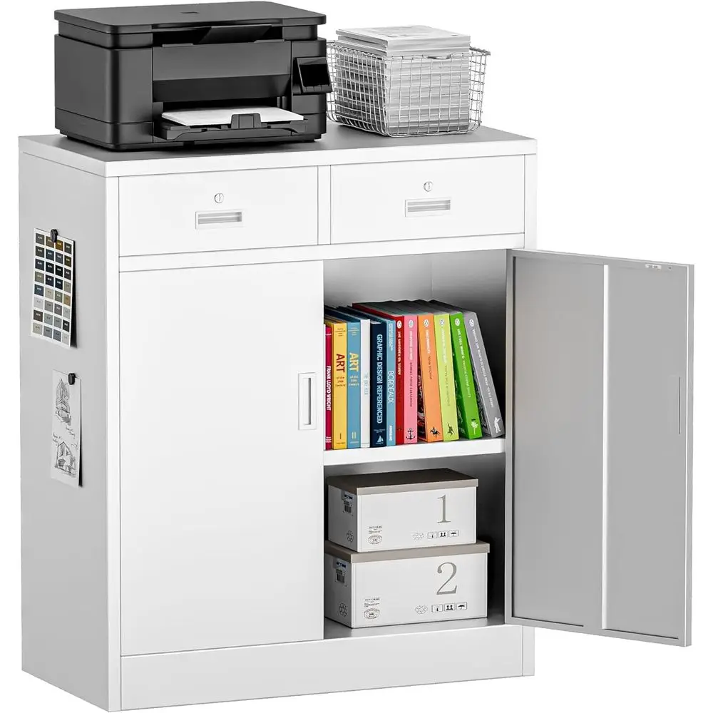 

36 Tall Metal Storage Cabinet with 2 Doors & 2 Drawers, Adjustable Shelves, Suitable for Garage, Kitchen, or Warehouse, White