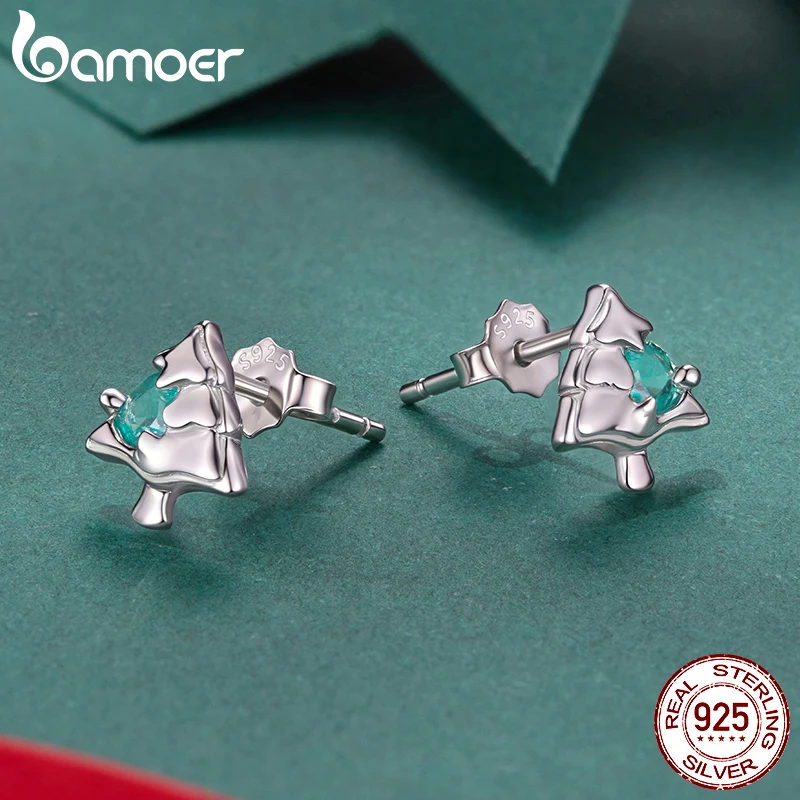 BAMOER 925 sterling zilveren kerstboom oorknopjes, verguld wit goud groen hart CZ piercing oorbellen voor meisjes kerstcadeau