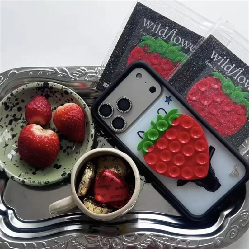 Wildflower Love Sucker Sucking Disc Strawberry Phone Case For iPhone 18 17 16 15 14 13 Pro Max Star Suction Cup Stickers Cover