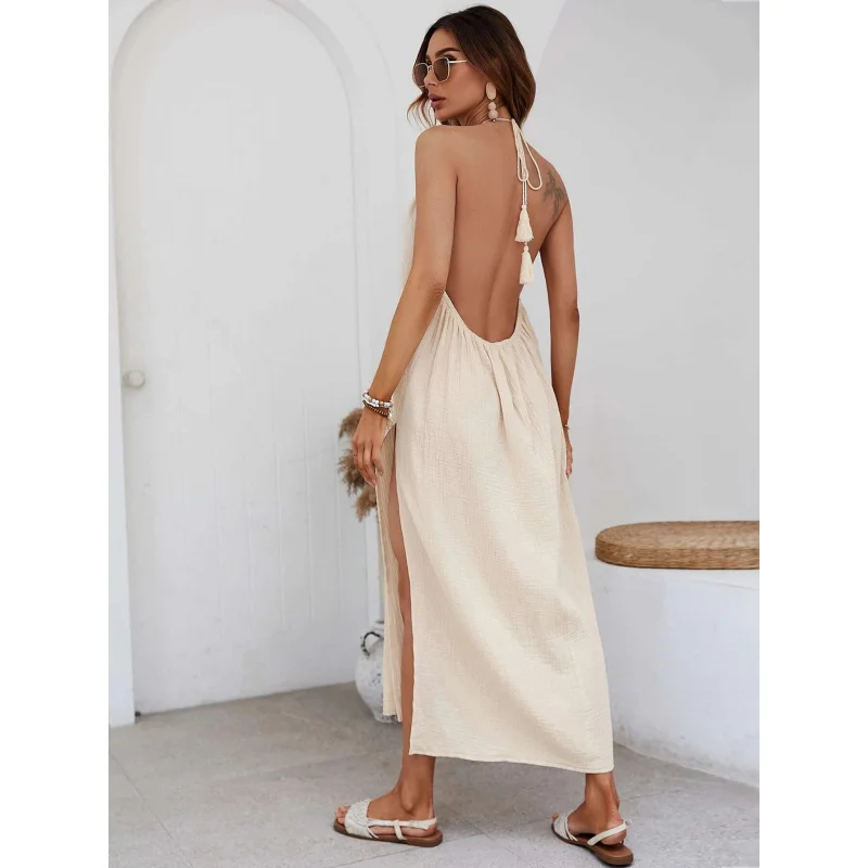 100% Cotton Gauze Womens Dresses Sexy Halter Sleeveless Backless Bandage Tie Up Holiday faddish Boho Dress
