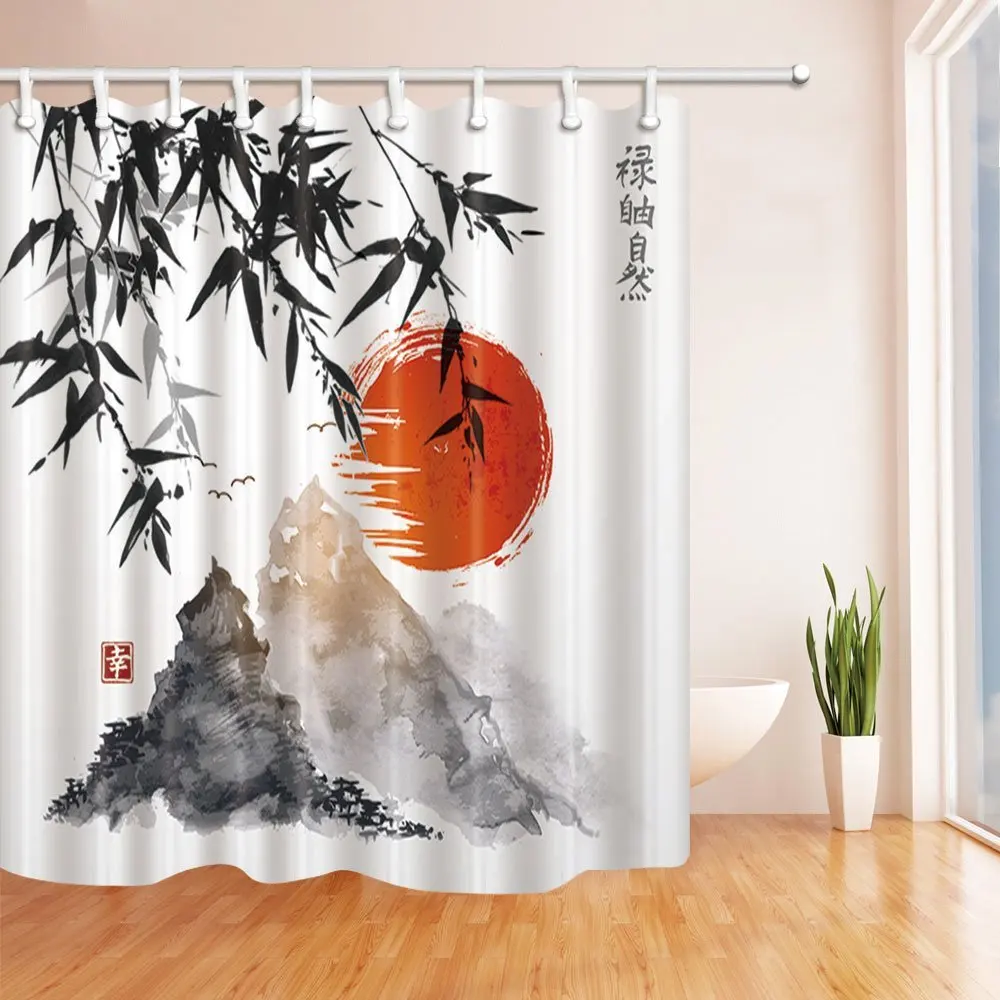 Japanese Bamboo Trees Sun and Mountains Bath Curtain Polyester Fabric Waterproof Shower Curtains Shower Curtain Red