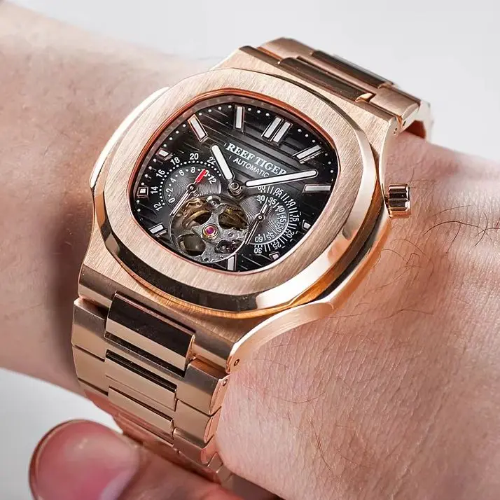 Reef Tiger Men Automatic Watch 44mm Square Mechanical Wristwatch Sapphire Mirror Luminous 24 Hours Skeleton Miyota Mov