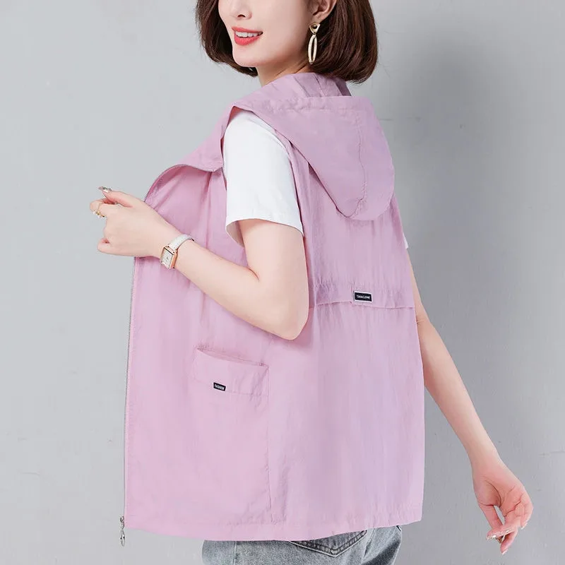 

2025 Spring Summer Waistcoats Women Vest Hooded Fashion Leisure Sports Sun Protection Vests Ladies Sleeveless Jackets