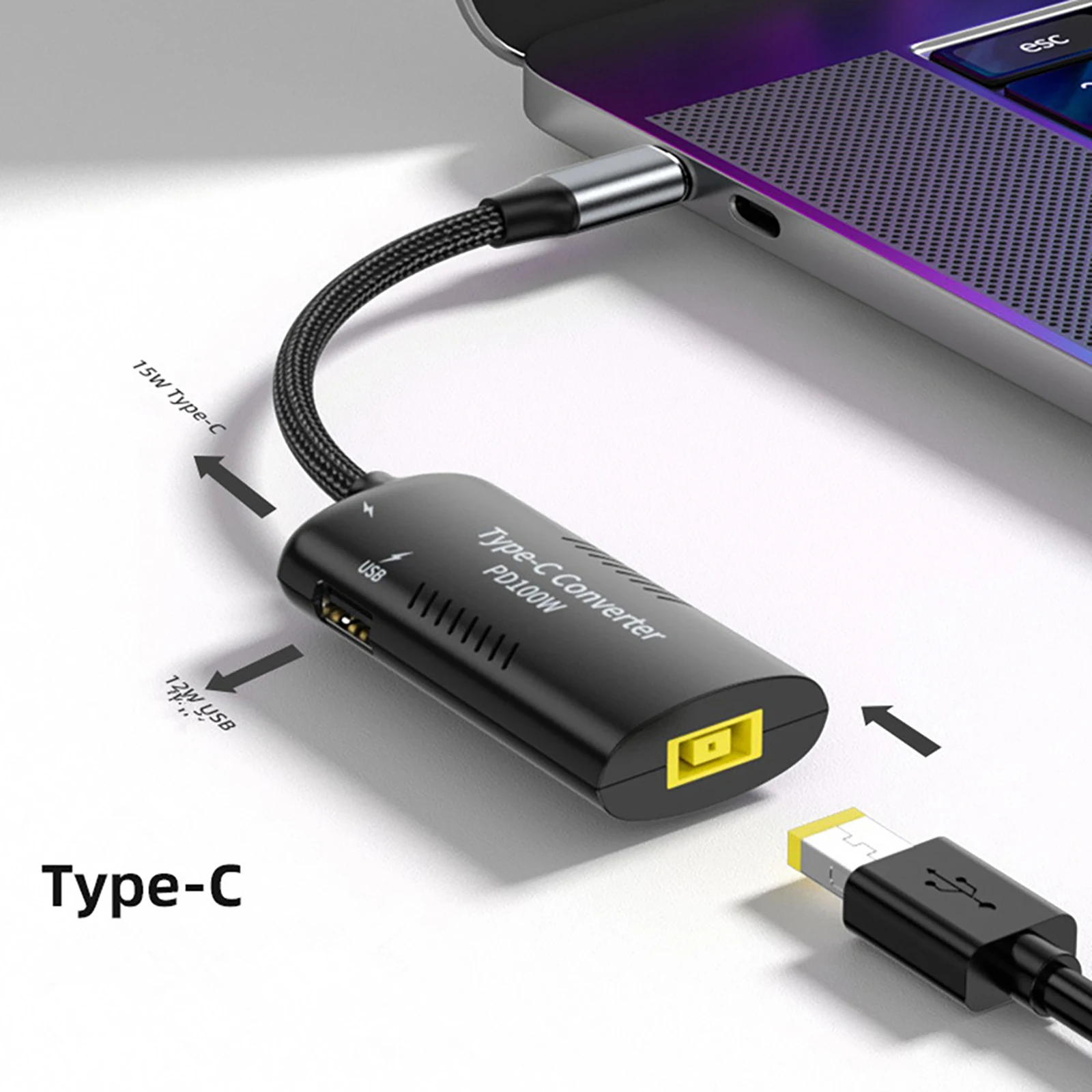 Conversor de Carregador DC para USB Tipo C, 100W, Cabo de Carregamento Rápido PD, Adaptador de Energia para Macbook, Lenovo, Laptop, Tablet, Telefone, Tipo C