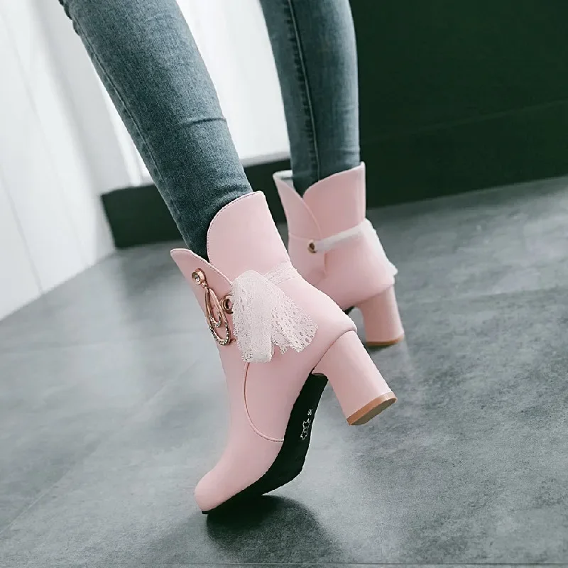 2024 White Ladies Ankle Boots Autumn Square Mid Heels Female Round Toe PU Leather Boots Ladies Casual Slip Women Shoes Boots