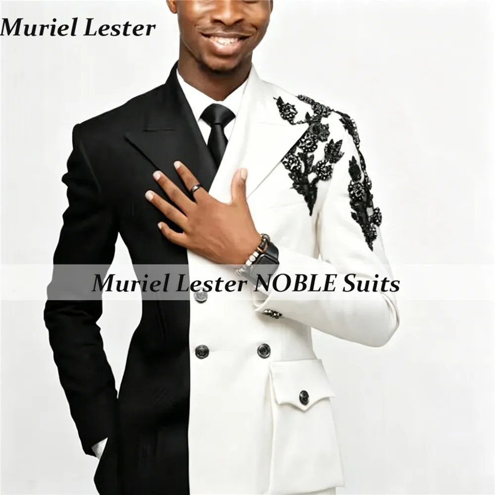 

Elegant Spliced Men Suit 2 Pieces Jacket Pants Peaked Lapel Double Breasted Formal Party Blazers Prom Banquet Attire Customized