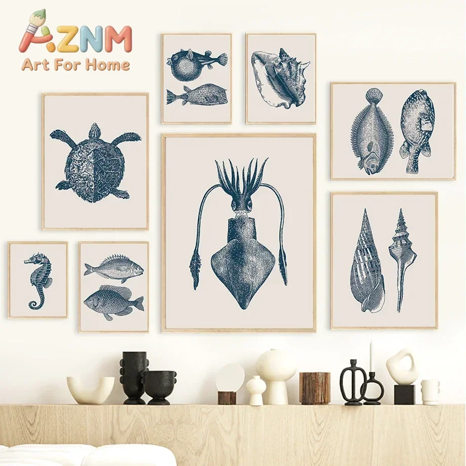Multi-size 1PC frameless high-definition decorative paintings,Seahorse Octopus Jellyfish Crab Vintage Marine Life Wall Art Print