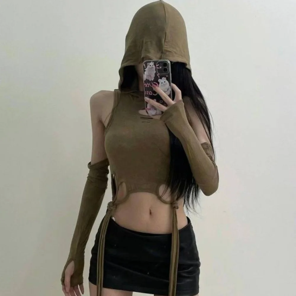 2025 New Wind Piercing Hooded Belly Top Sexy Irregular Slimming Gothic Harajuku Aesthetic Slimming Long Sleeve Top