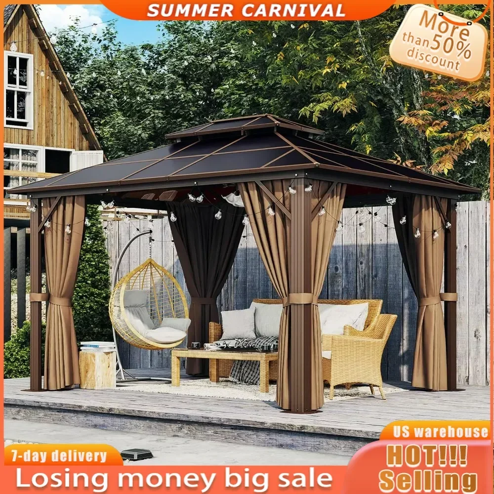 10' x 10' Gazebo Single Polycarbonate Top, Outdoor Polycarbonate Frame Permanent Pergolas with Curtains and Netting, for Patios