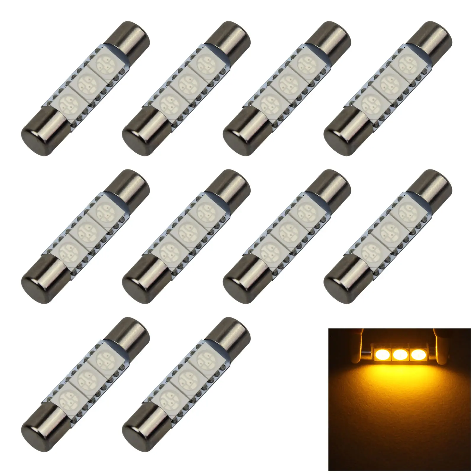 10x Yellow AUTO T6.3 Fuse Lamp SunVisor Light 3 5050 SMD LED 6614 TS-14V1CP Z2677