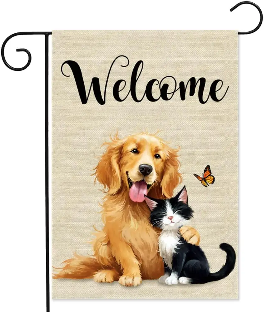 Cat and Dog Garden Flag 12.5x18 Inch Double Sided Burlap Home Decor, Funny Pet Lover Welcome Yard Outdoor Flag AAM