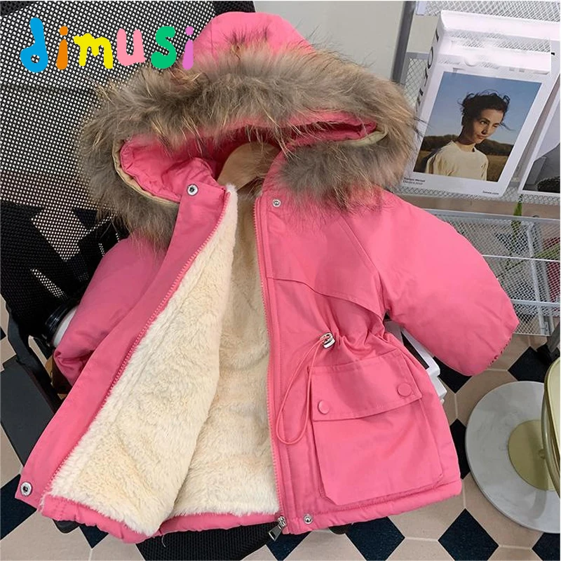 DIMUSI Winter Children's Padded Coats Fashion Boys Cotton Warm Hooded Jackets Baby Girls Fleece Fur Collar Jackets Kids Clothing 