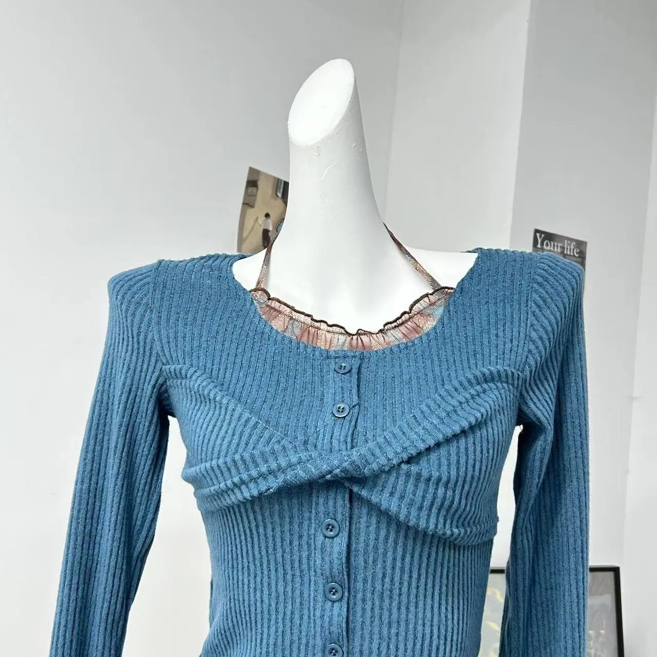 2025 Winter New Twist Front Top Layered Mock Neck Long Sleeve Tee Blue Lace Trim Slim Fit Base Layer Chic Casual Wear