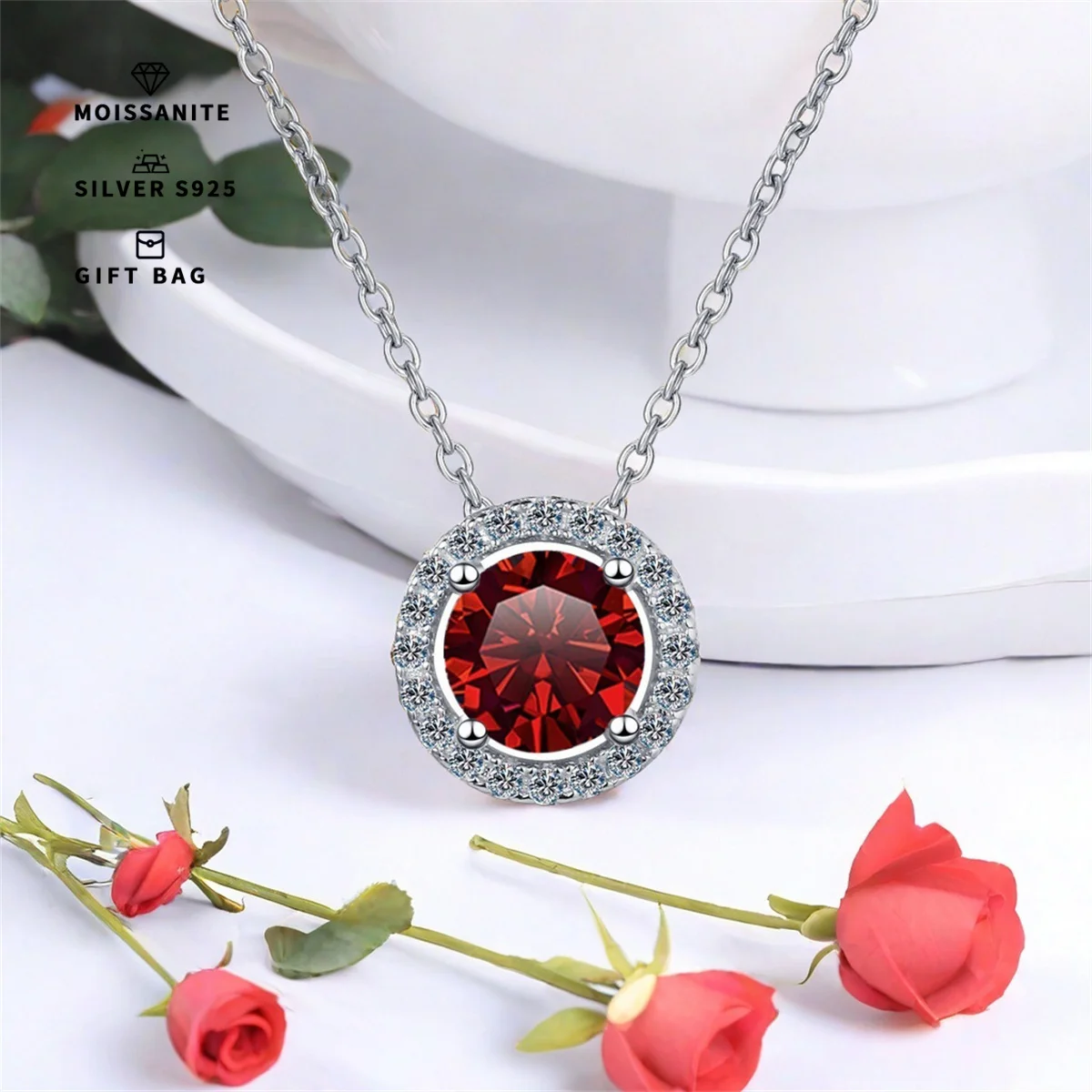 S925 silver plated platinum 0. 5ct/1ct/2CT Men's & Women's pendant inset round red GRA moissanite chain luxury jewelry gifts