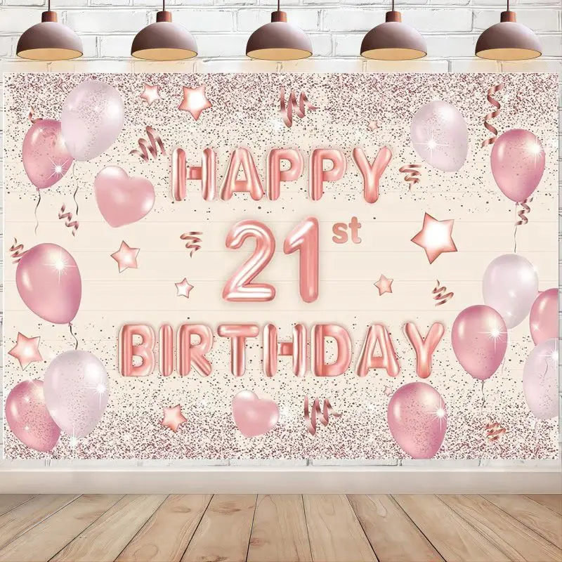 

Happy 21st Birthday Decoration Backdrop Pink and Rose Gold Photo Background Banner Women 21 Years Old Birthday Party Supplies