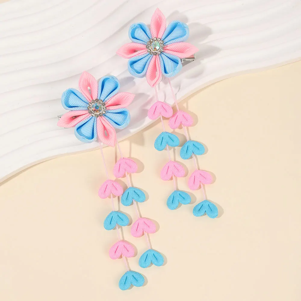 2Pcs Pink Ribbon Floral Hair Clips Love Heart Tassels Hairpin Handmade Stain Flower Barrettes Kids New Headwear Children Gifts