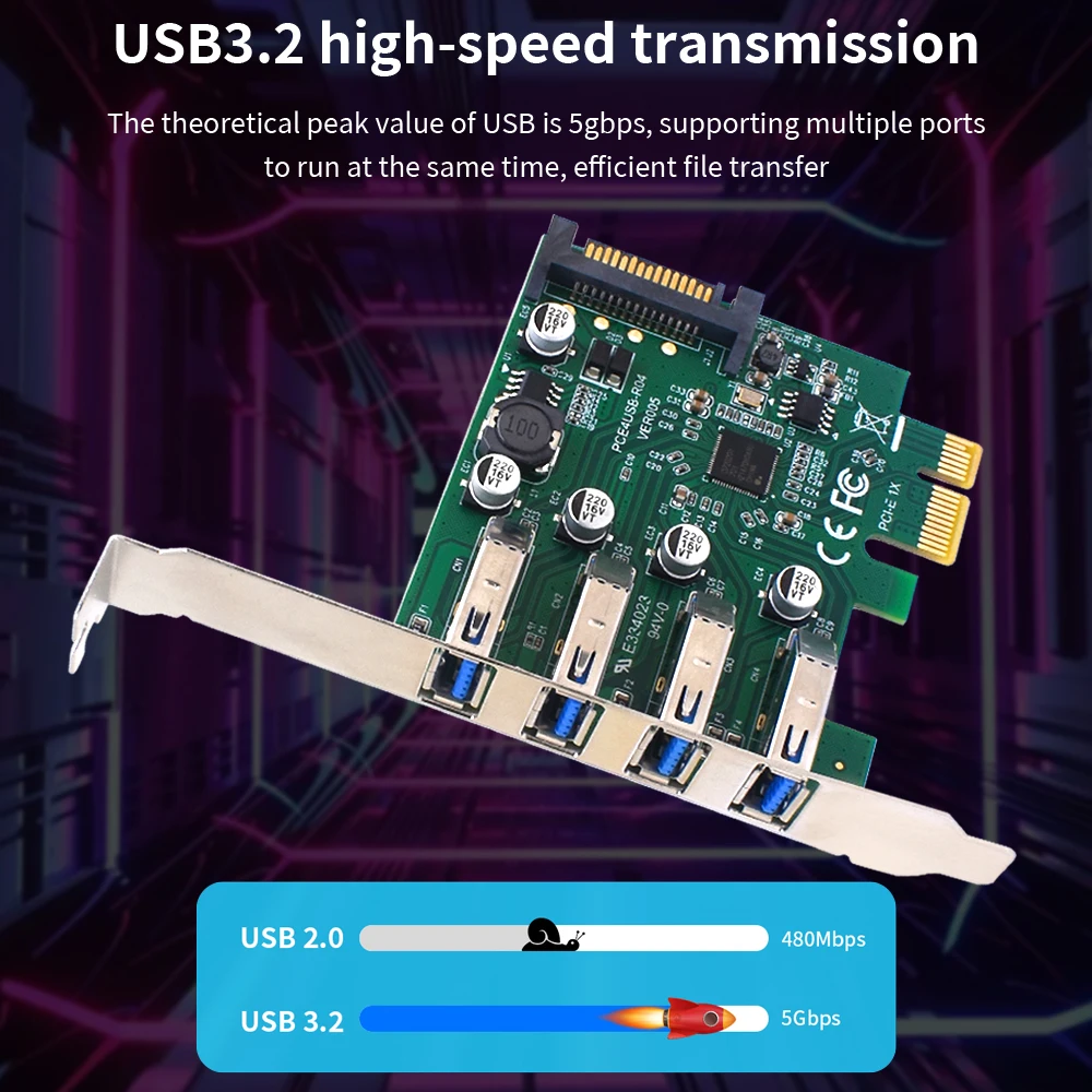 TISHRIC PCIE 1X To 4 USB 3.2 Port Expansion Card PCI Express Board  D720201 Control Support system Win xp/Vista/7/8/10/11 32-bit