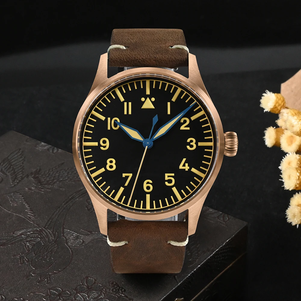 San Martin Pilot Watch 41mm Cusn8 Bronze Classic Military ST3621/NH35 Mechanical Watches Crazy Cowhide Strap C3 10Bar Luminous