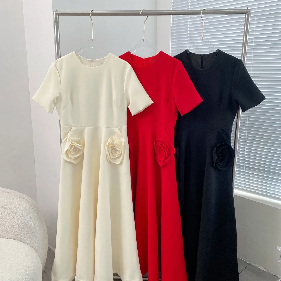 

3D Flowers Dresses For Women Solid Back Zipper A-Line Peplum One-Piece High Quality Ceremonial Dresses