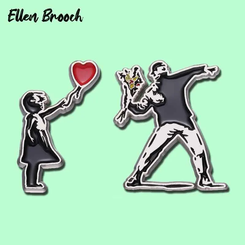 Rage Flower Thrower Enamel Pins Banksy Graffiti Wall Love and Peace Brooch Lapel Badges Jewelry Gift for Friends Kids