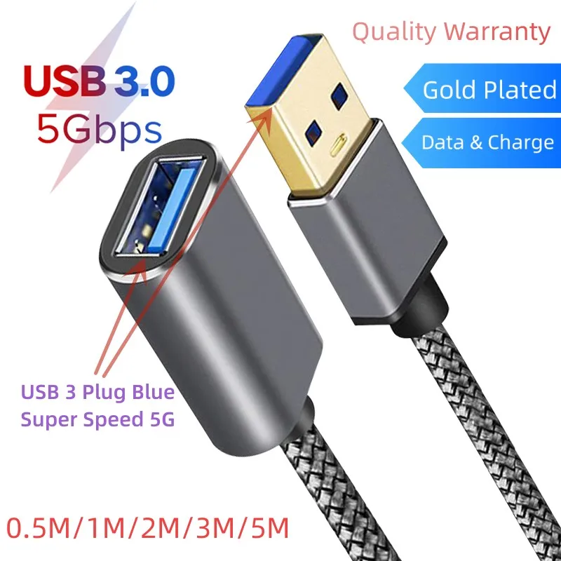 Speed 5Gbps USB 3.0 Extension Cable USB 3 Extender Kabel 0.5M/1M/2M/3M/5M For PC TV Printer Camera Male Female Charging Data