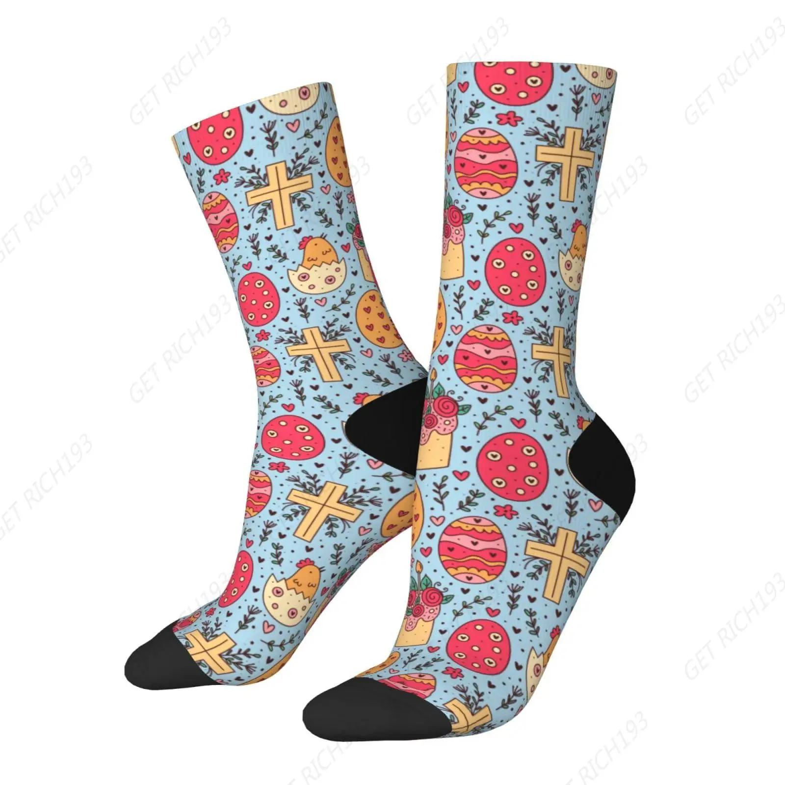 Happy Easter Holiday Doodle Seamless Pattern Socks For Men Women Gift Sport Crew Socks Funny Wicking Socks