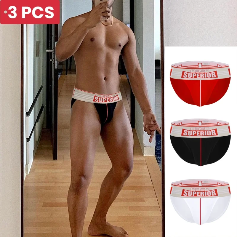 0850 3PCS Sexy Cotton Mens Underwear Male Hight Cuts Breathable Sissy Bikini Panties Underpants Men\'s Slip Briefs red blackwhite