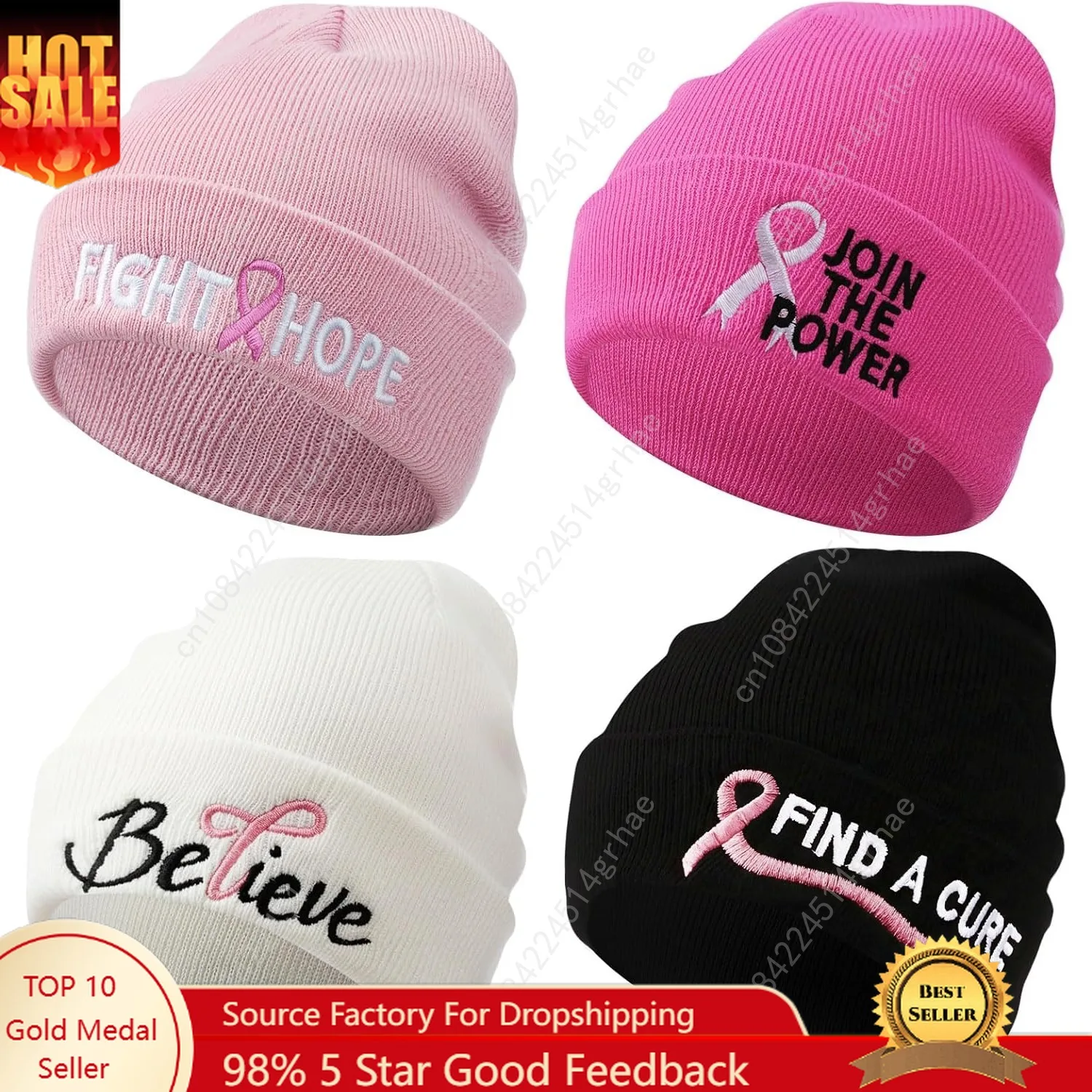 

4 Pcs Breast Cancer Awareness Beanie Hat Pink Ribbon Winter Beanies Hat Embroidery Knit Cuffed Cap for Women Breast Cancer Gifts
