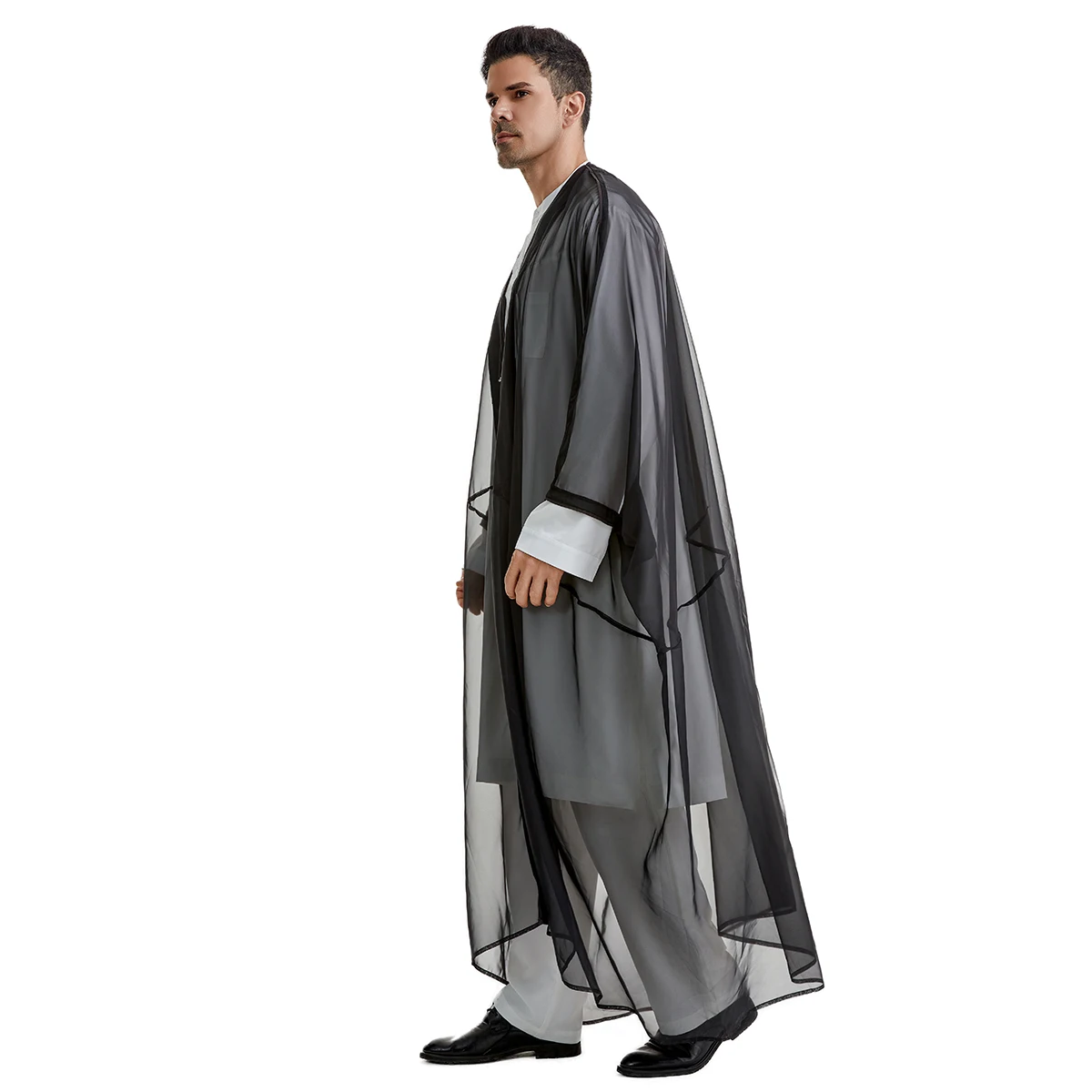 Muslim Men Long Sleeves Pure Color Silk Bisht Robe Arab Male Adult Ankle Length Thobe Ramadan Eid Clothes