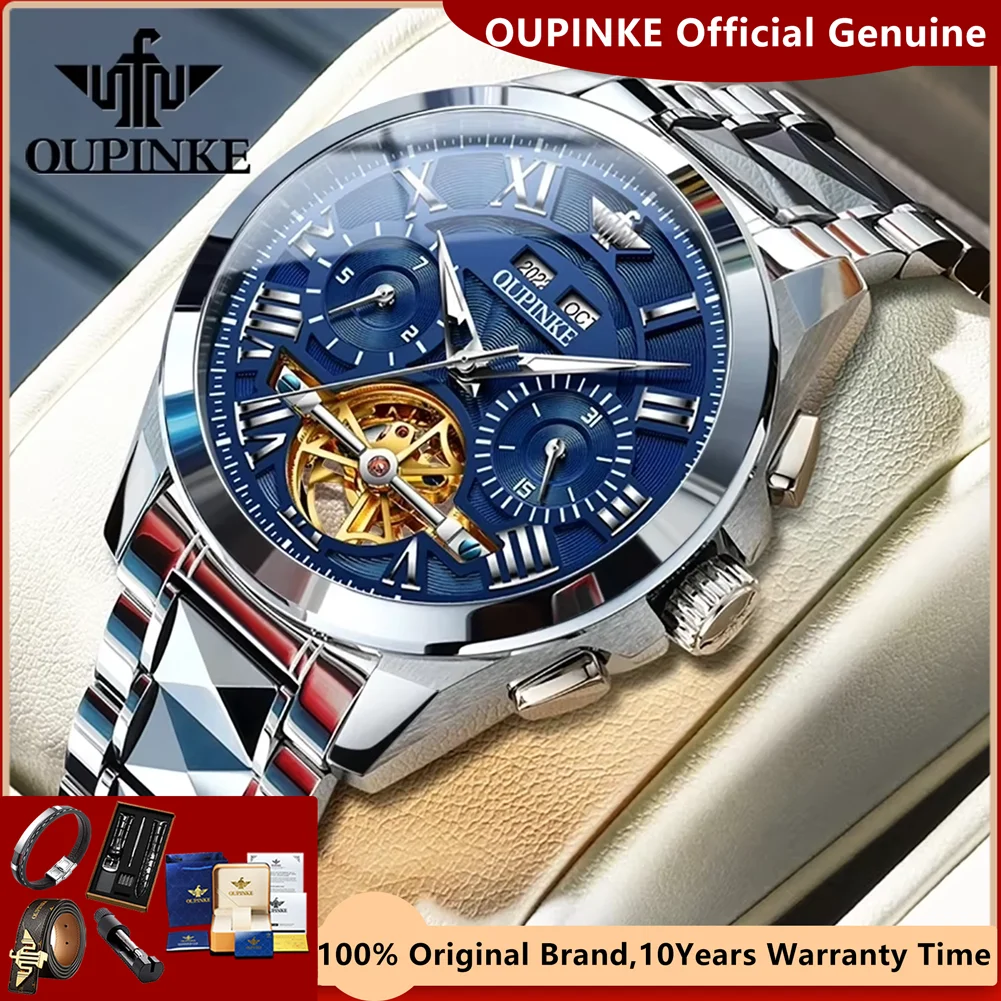 OUPNKE Automatic Mechanical Watch for Men Roman Numeral Dial Fashion Skeleton Men's Wristwatch Chronograph Waterproof Man Watch