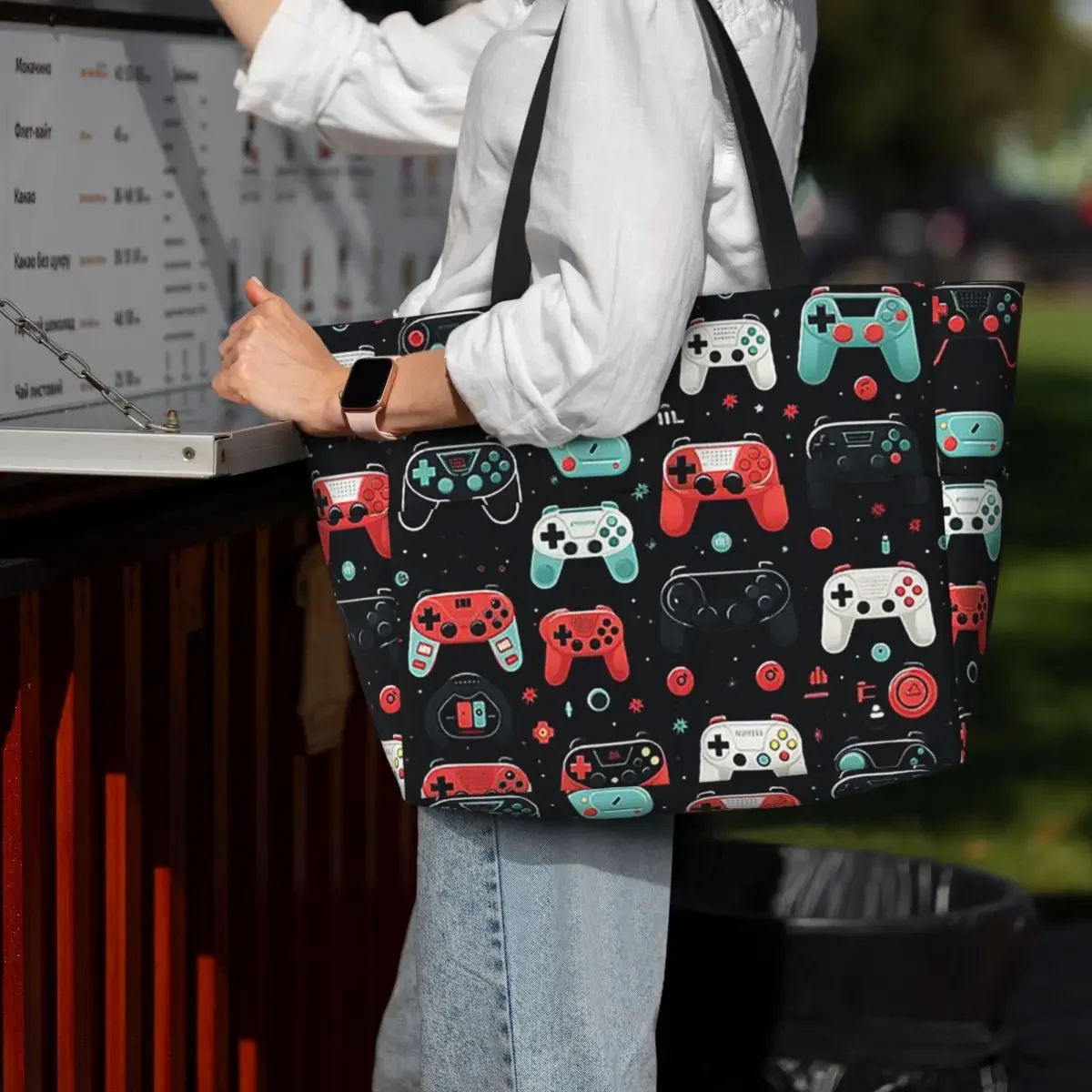 Gaming Pattern - Game Controllers Beach Tote Bag Sport Gym Yoga Duffle Large Tote Bag Women Travel Bag Fitness bag