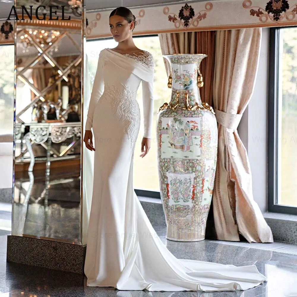 

ANGEL Роскошное свадебное платье в Саудовской Аравии по индивидуальному заказу, 2026, мусульманское свадебное платье с длинными рукавами и бусинами, аппликация, скользящий шлейф, русалка