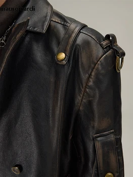 Men's Distressed Black PU Leather Trench Coat 5 Mauroicardi Spring Autumn Long Distressed Black Pu Leather Trench Coat Men Belt Double Breasted Luxury European Fashion 2024 5