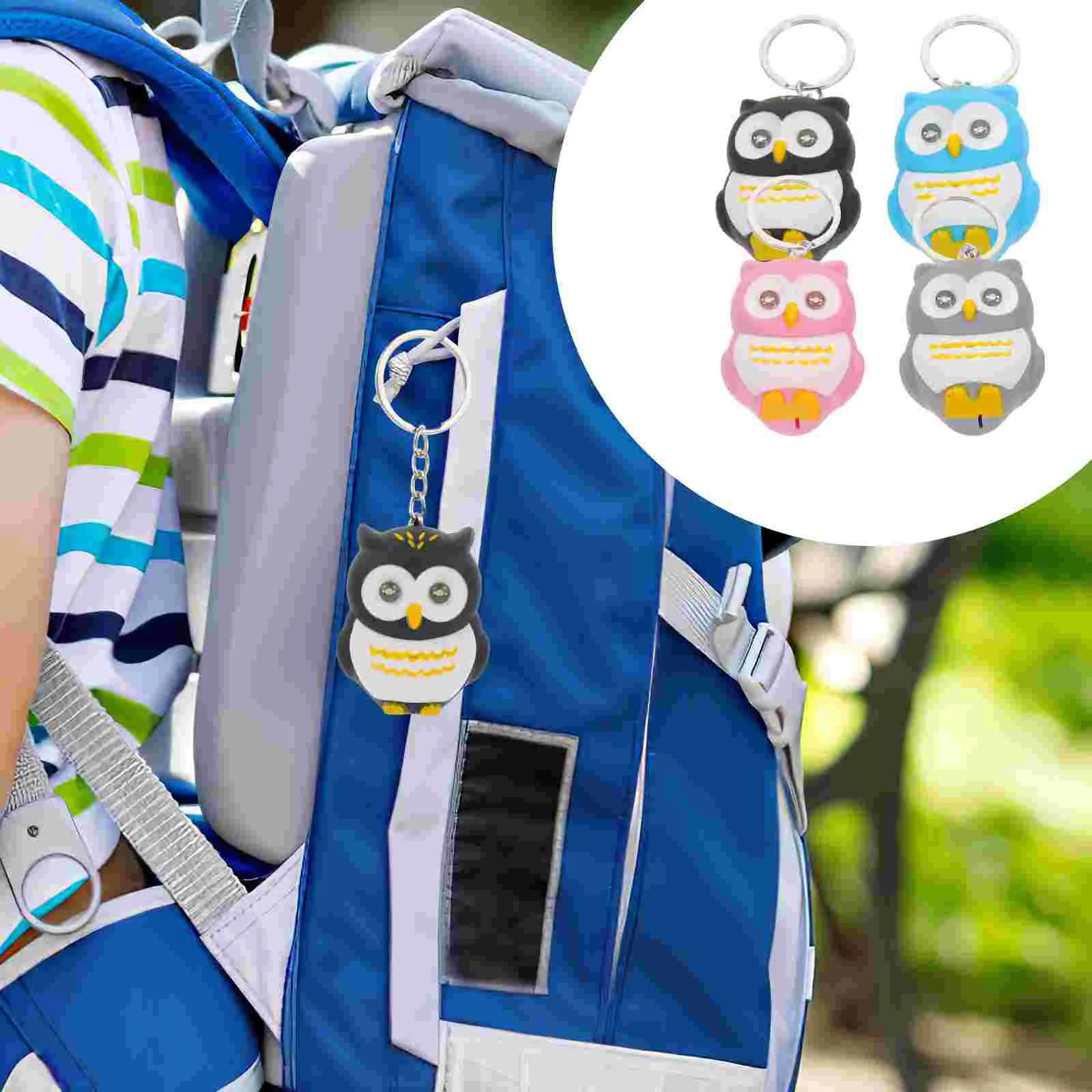 

4pcs Glowing Cartoon Owl Keychain Luggage Bag Pendant Small Gift for Car Decoration (1pc in Each Color, Black, Grey, Blue, Pink)