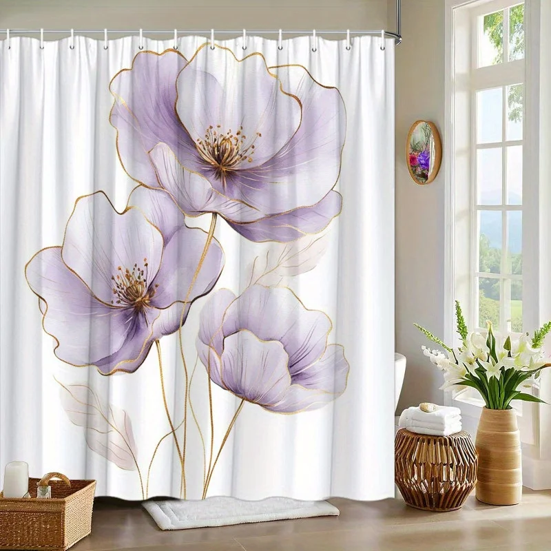 

1 Elegant Lavender Poppy Shower Curtain with Gold Decorative Petals and Light Green Leaves, with Hook, Polyester Fabric