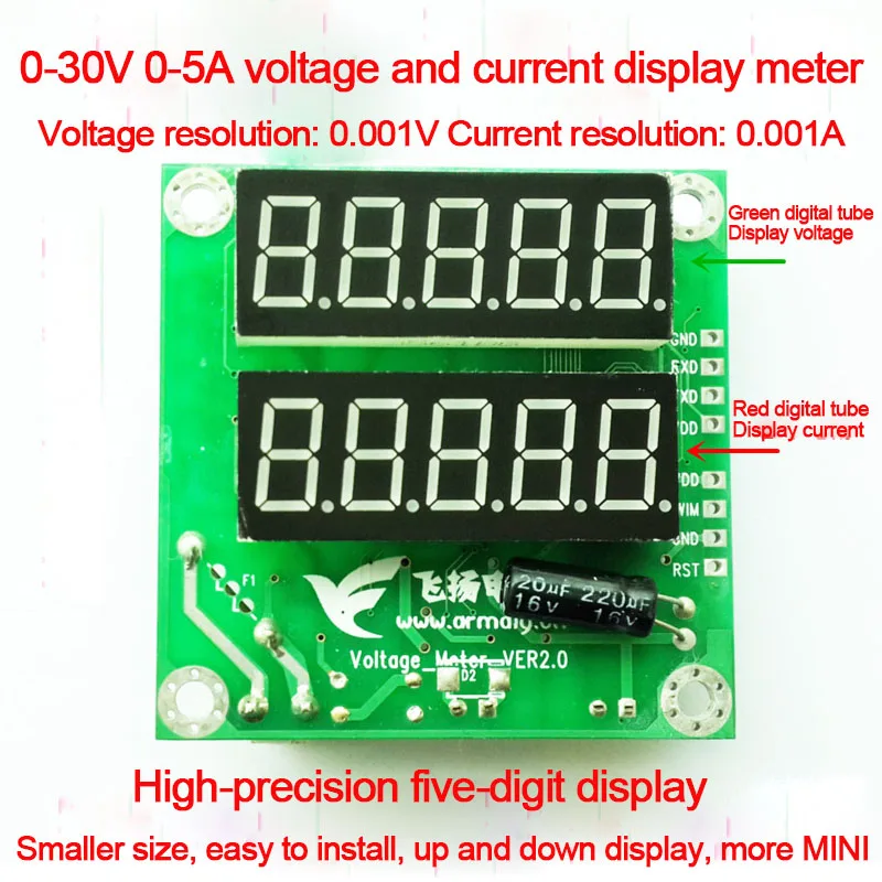 

0-30V 0-5A Red and Green LED Dual Display Voltage Ammeter Does Not Support Serial Output