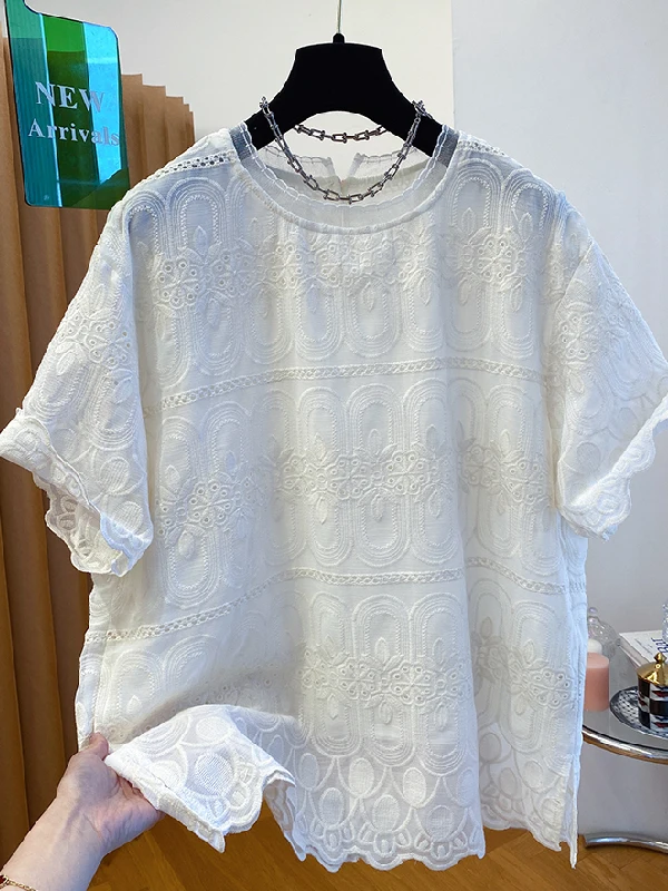 

plus Size Women's Short Sleeve Lace Shirt Embroidered Loose Fit Unique T-Shirt Breathable Polyester Summer Fashion Casual Wear
