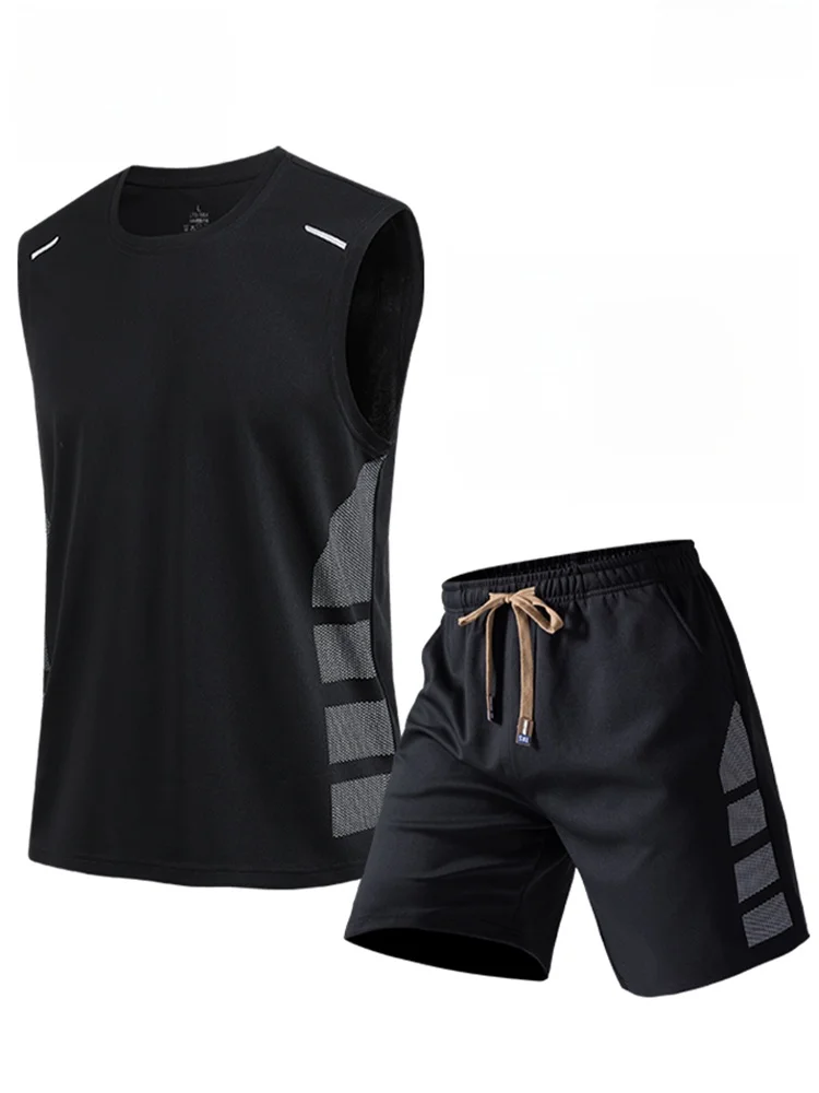 

Мужской летний спортивный комплект из сухого шелка: футболка и жилет для бега и фитнеса, из полиэстера...