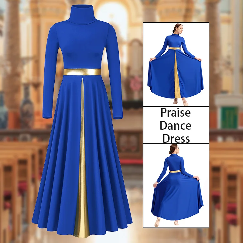 فستان رقص حديث مدح برقبة عالية وأكمام طويلة للنساء والفتيات ملابس رقص فضفاضة مناسبة لعبادة الكنيسة المعدنية الليتورجية