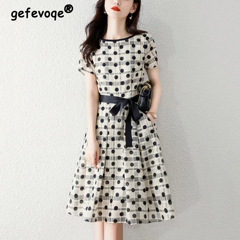 Summer Fashion Korean Simple Polka Dots Print Belt Elegant Chic Party Dresses for Women Casual Short Sleeve Midi Dress Vestidos