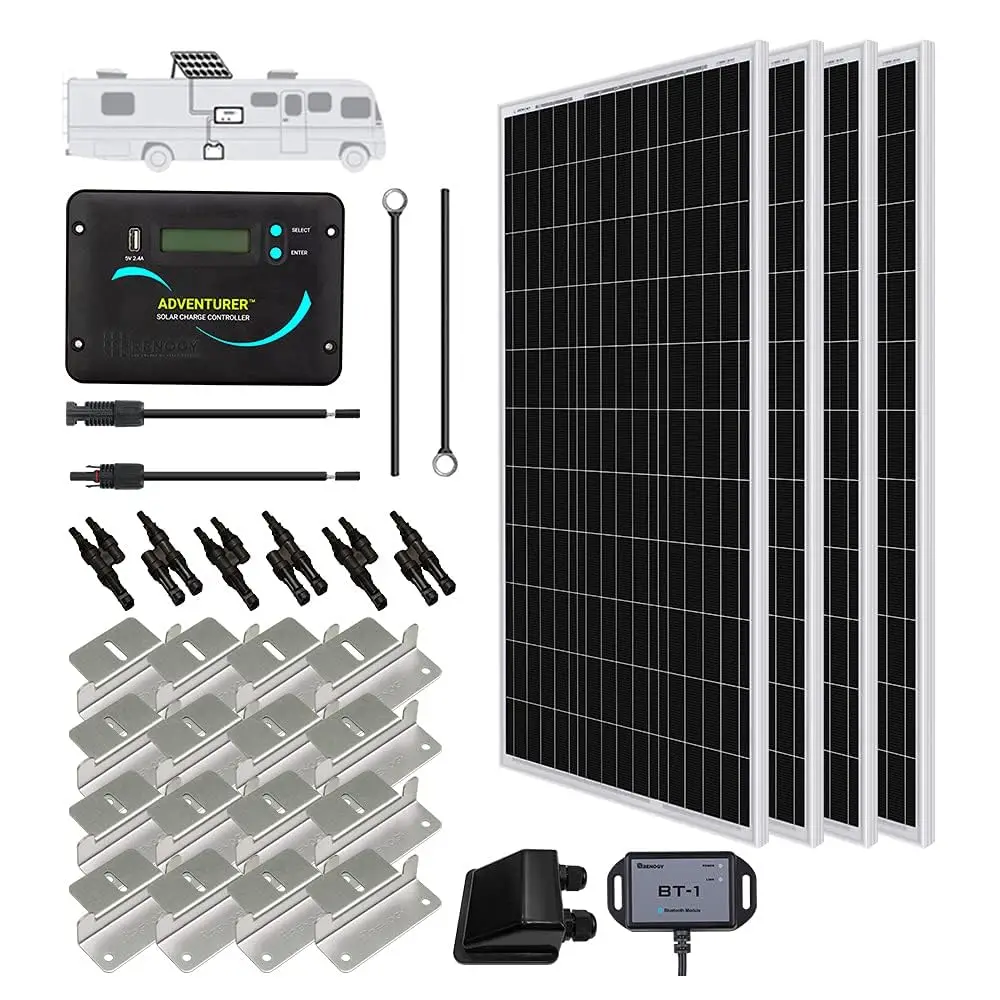 Renogy 400W 12V RV Solar Panel Kit, 4*100 Watt Monocrystalline Solar Panel, Adventurer 30A LCD PWM Charge Controller, BT1 Bluetooth Module,Mounting Brackets, Y-Connectors, Cables For Off-Grid System