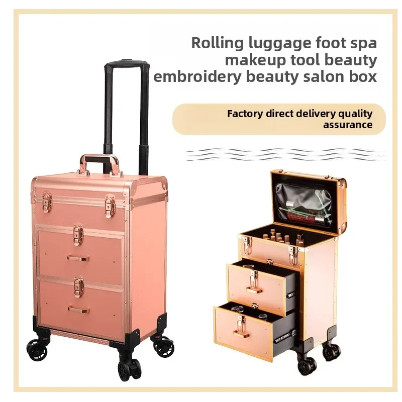 Large Capacity Dual Layer Aluminum Roller Makeup Case Professional Hair Nail on Wheels Stock Makeup Rolling Case Makeup Box