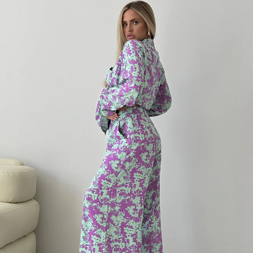 2024 pajama sets for women Fashion Printed Loose Long Sleeve Underwear Long Pants Pajama Set 4-piece Loungewear sexy sleepwear