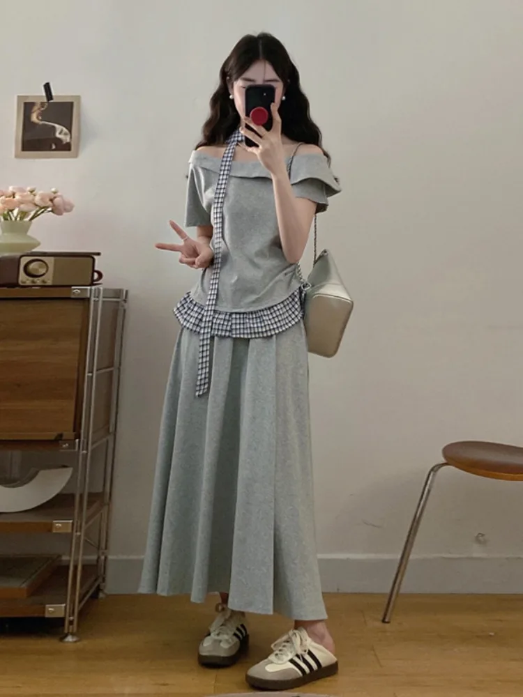 

plus Size Fashionable Korean Style Summer 2026 Half-Sleeve Patchwork Top And Skirt Two-Piece Set for Women Shoulder Baring