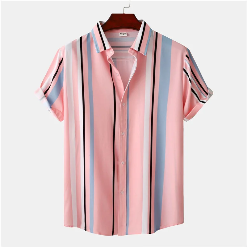 

New Fashion Pink Striped Shirt camisas hawaiana para hombre Short Sleeve Beach Quick Dry Vacation Button Up Shirts