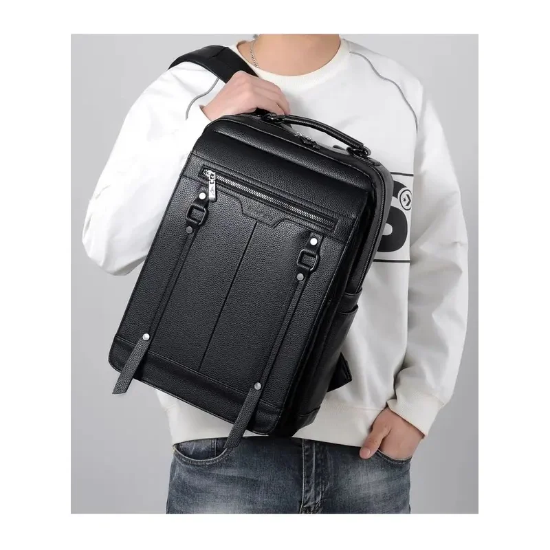 Men's leather 14 inch laptop backpack Waterproof travel backpack retro business bag handbag schoolbag Commuter Casual Daypack