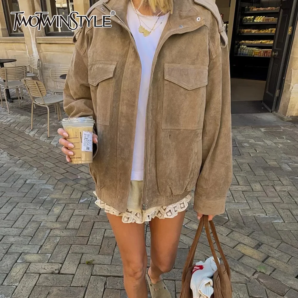 

TWOTWINSTYLE American Retro Cargo Jacket for Women Stand Collar Long Sleeve Patchwork Zipper Casual Fashion Coat Female Autumn