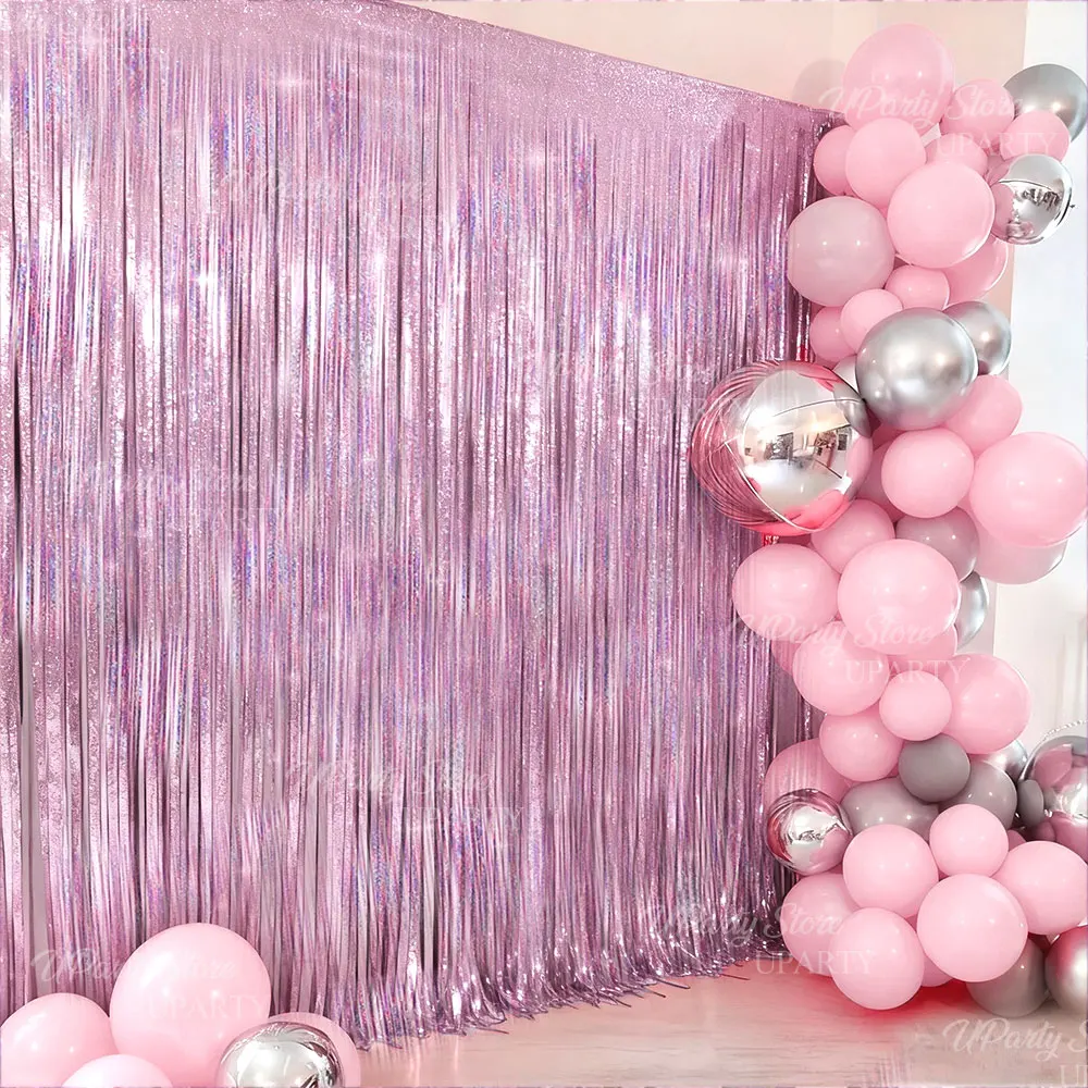 3 Stück rosa Lametta-Vorhänge, Party-Hintergrund, Laser, lila, rosa Folie, Fransenvorhänge, Luftschlangen für Geburtstag, Babyparty, Hochzeitsdekoration – Detail 1